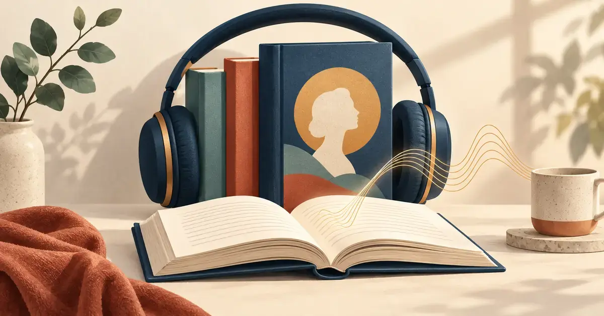Illustration af bøger og hovedtelefoner med en stiliseret silhuet på et bogomslag og lydbølger over en åben bog, der symboliserer biografier og memoirer som lydbøger.