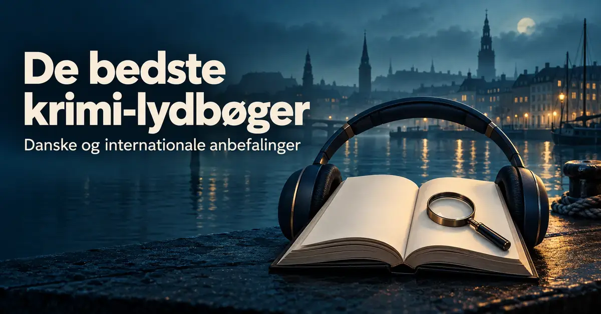 Hovedtelefoner omkranser en åben bog med et forstørrelsesglas foran en stemningsfuld havnefront med teksten De bedste krimi-lydbøger – Danske og internationale anbefalinger.