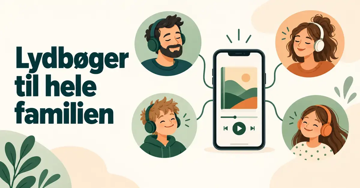 Illustration af to voksne og to børn med hovedtelefoner forbundet til en mobil med en lydbog og teksten »Lydbøger til hele familien«.