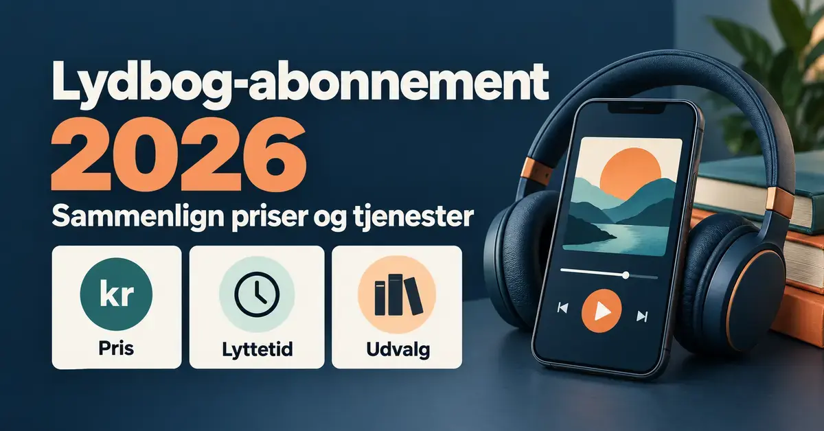 Grafik om lydbog-abonnementer i 2026 med hovedtelefoner, en mobiltelefon og ikoner for pris, lyttetid og udvalg.