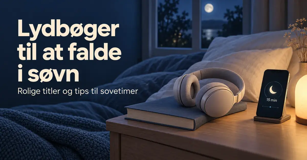 Hovedtelefoner på en bog ved sengen og en mobil med sovetimer på 15 minutter i et roligt soveværelse med måneskin.