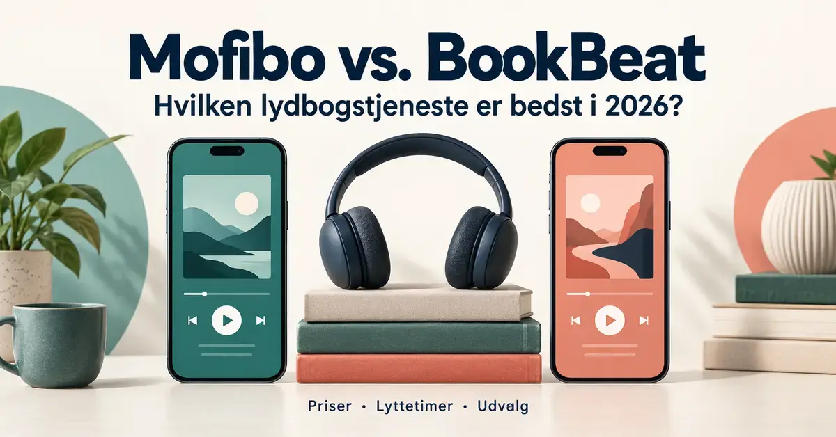 Grafik om Mofibo og BookBeat i 2026 med to telefoner, lydbøger og hovedtelefoner samt fokus på priser, lyttetimer og udvalg.
