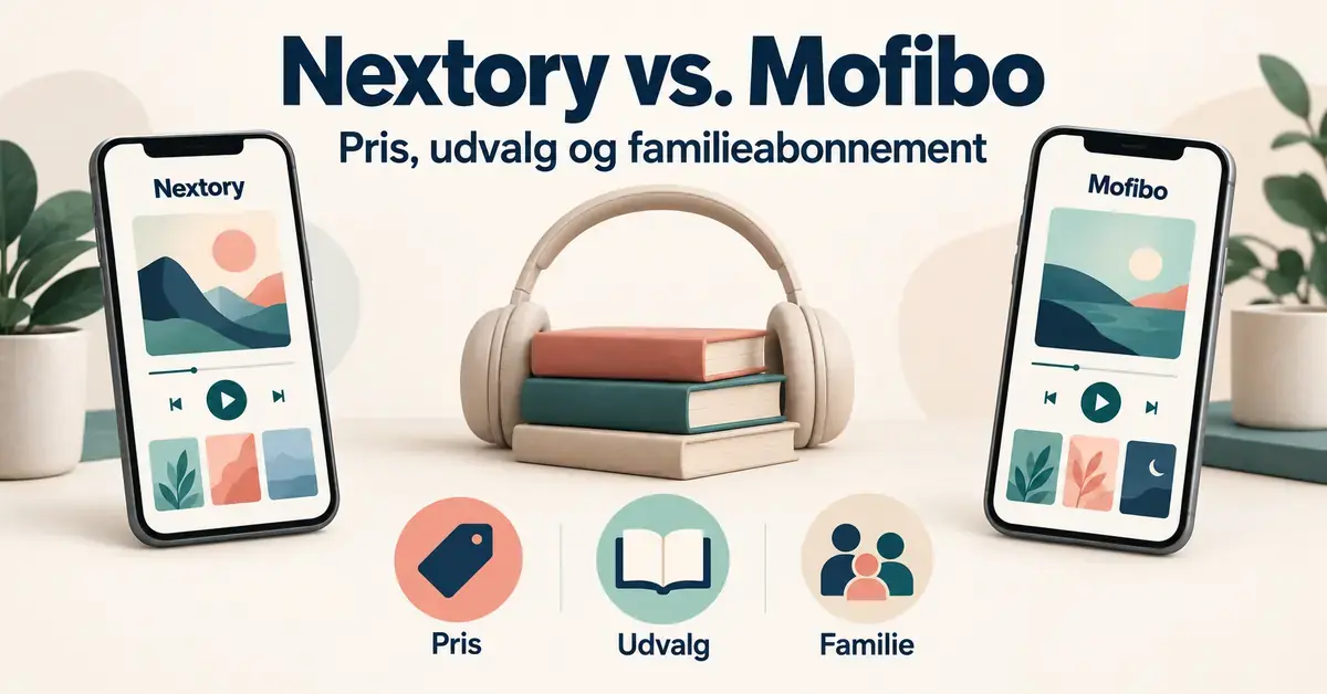 Grafik om Nextory og Mofibo med to telefoner, hovedtelefoner og bøger samt symboler for pris, udvalg og familieabonnement.