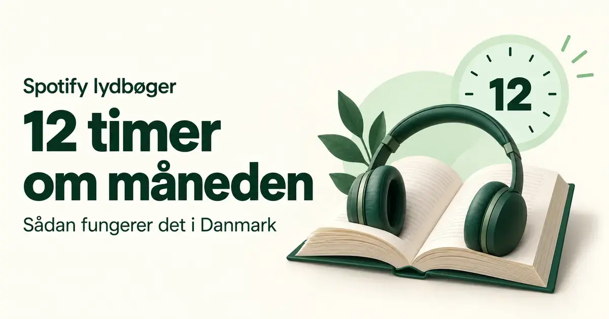 Grønne hovedtelefoner på en åben bog ved siden af en urskive med tallet 12 illustrerer Spotifys lydbøger med 12 timers lyttetid om måneden i Danmark.