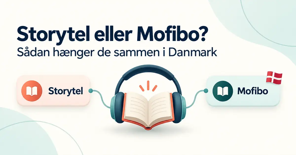 Grafik med Storytel og Mofibo forbundet til en åben bog med hovedtelefoner og et dansk flag, der illustrerer sammenhængen mellem de to tjenester i Danmark.