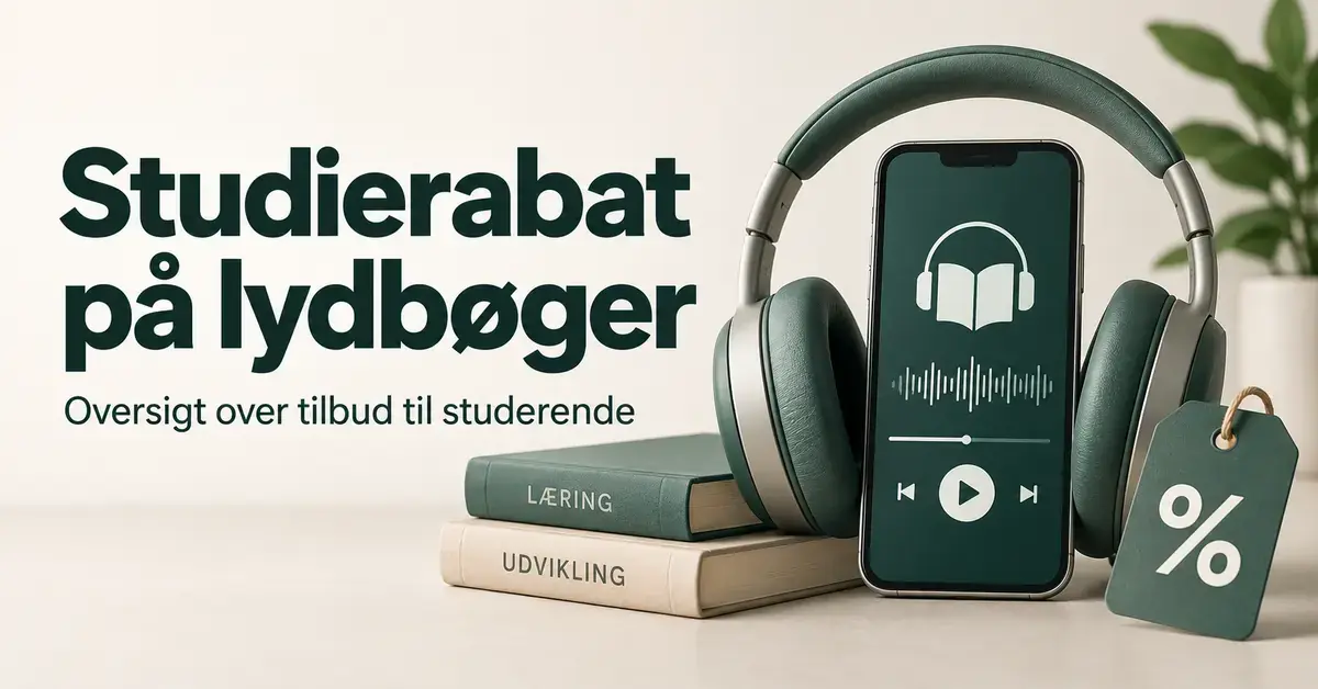 Illustration af hovedtelefoner, en mobil med lydbogsafspiller, studiebøger og et rabatmærke ved teksten »Studierabat på lydbøger – Oversigt over tilbud til studerende«.